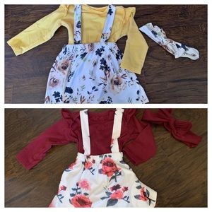 Two 3-6 mo onesies, jumpers & matching headbands
